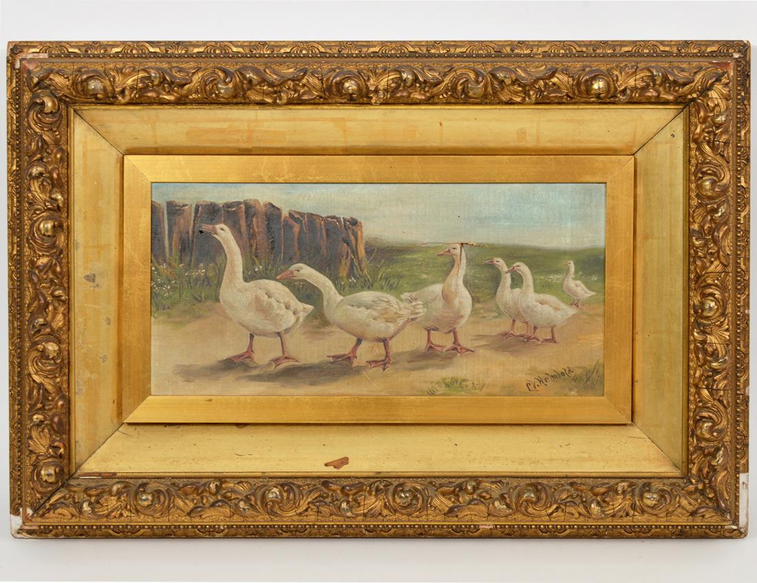 19th C. Signed Oil Painting: 19th C. signed oil on canvas painting of flock of geese. Signed bottom right. 8" H x 17" W, framed 19" x 28". Condition report: tear to canvas, missing pieces of frame. Please examine all photos close