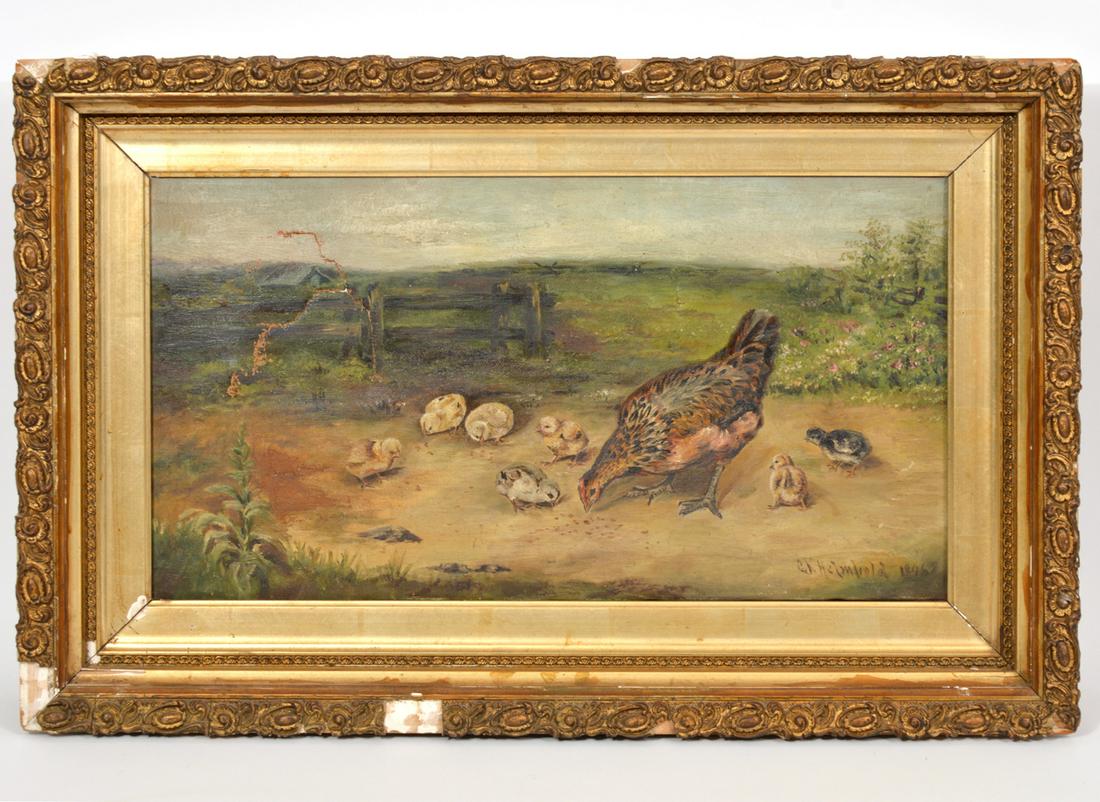 19th C. Signed Oil Paintings 'Baby Ducks': 19th C. signed oil on canvas painting of Baby Ducks. Signed bottom right. 12" H x 21" W, framed 18" x 28". Condition report: tear to canvas, missing pieces to frame. Please examine all photos closely.
