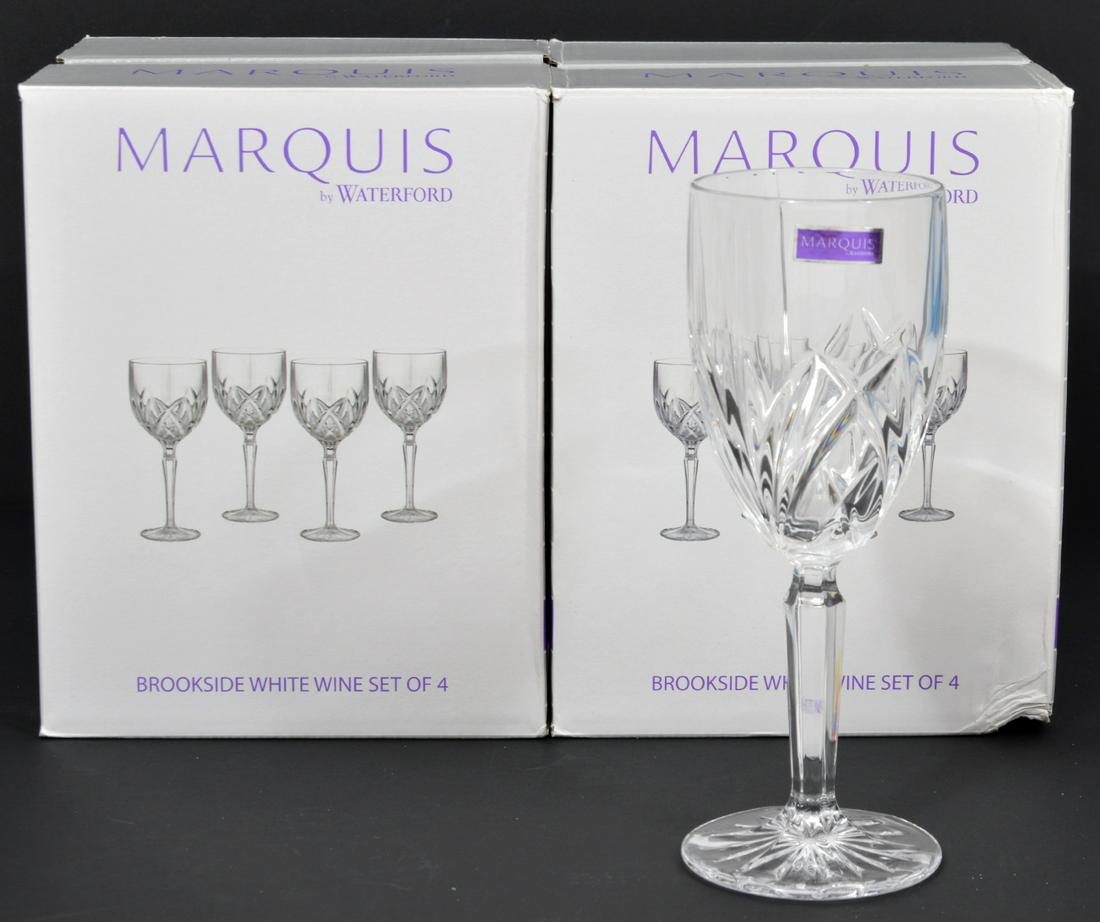 8 NEW Waterford Brookside White Wine Glasses: 8 NEW in box Marquis by Waterford Brookside 8 oz White Wine Glasses, blown glass. 8" H x 2.75" W. Condition report: NEW IN BOX. Please examine all photos closely. Contact C. Biddle Auction Gallery for