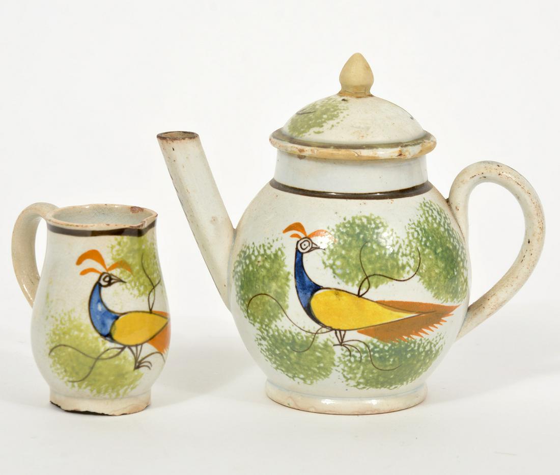 2 Pcs. Spatter Ware Pea Fowl Tea Pot & Creamer (1 of 8)