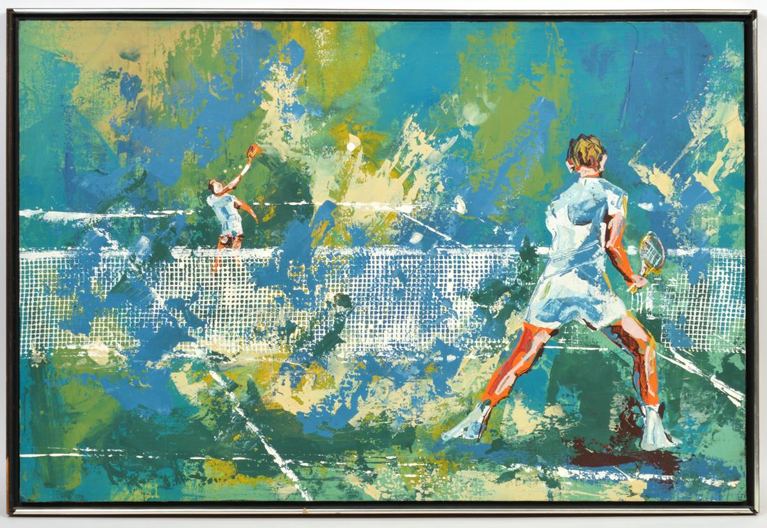 Oil Painting Style of Leroy Neiman 00: Painting in the style of Leroy Neiman. Oil on canvas. Does not appear to be signed. 24" H x 36" W, framed 25" x 37". Condition report: good with minor signs of wear. Please examine all photos closely.