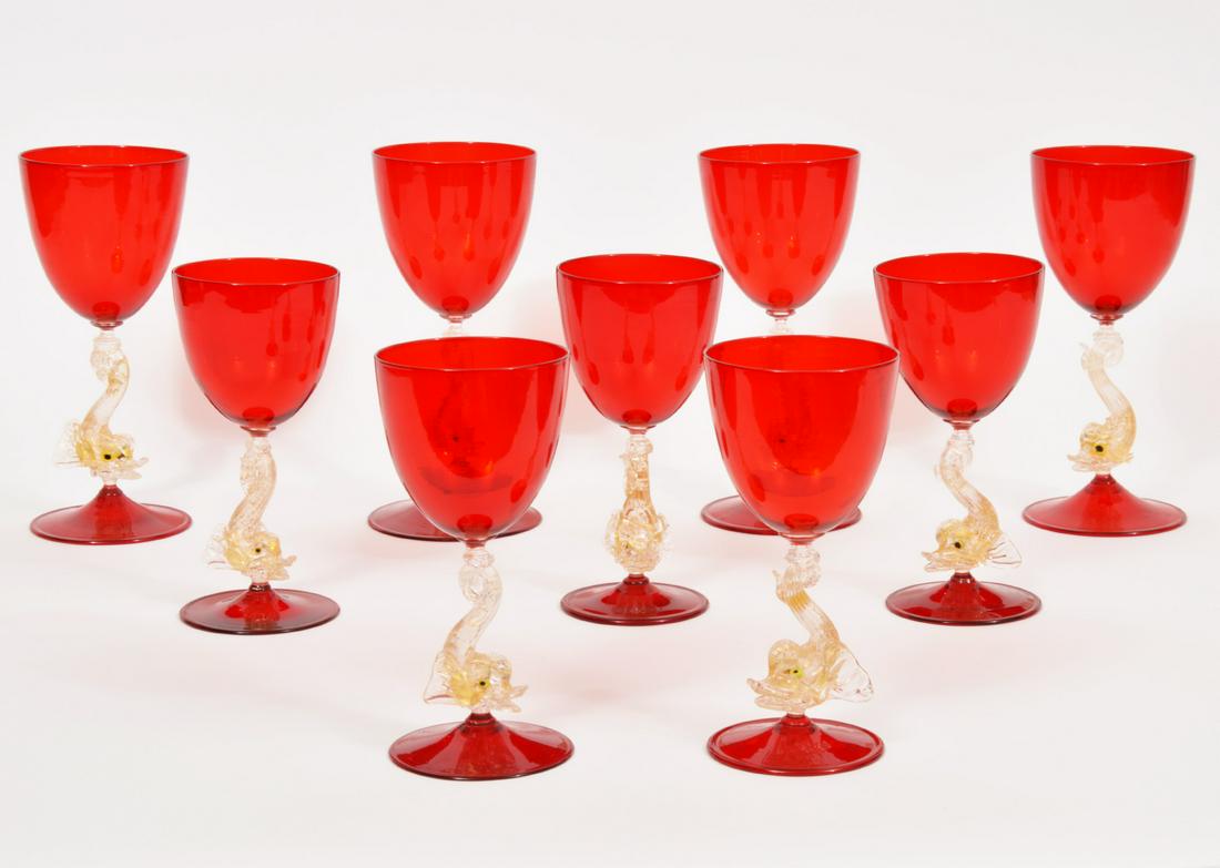 9pcs Murano Ruby Red Glass Fish Stem Goblets (1 of 5)
