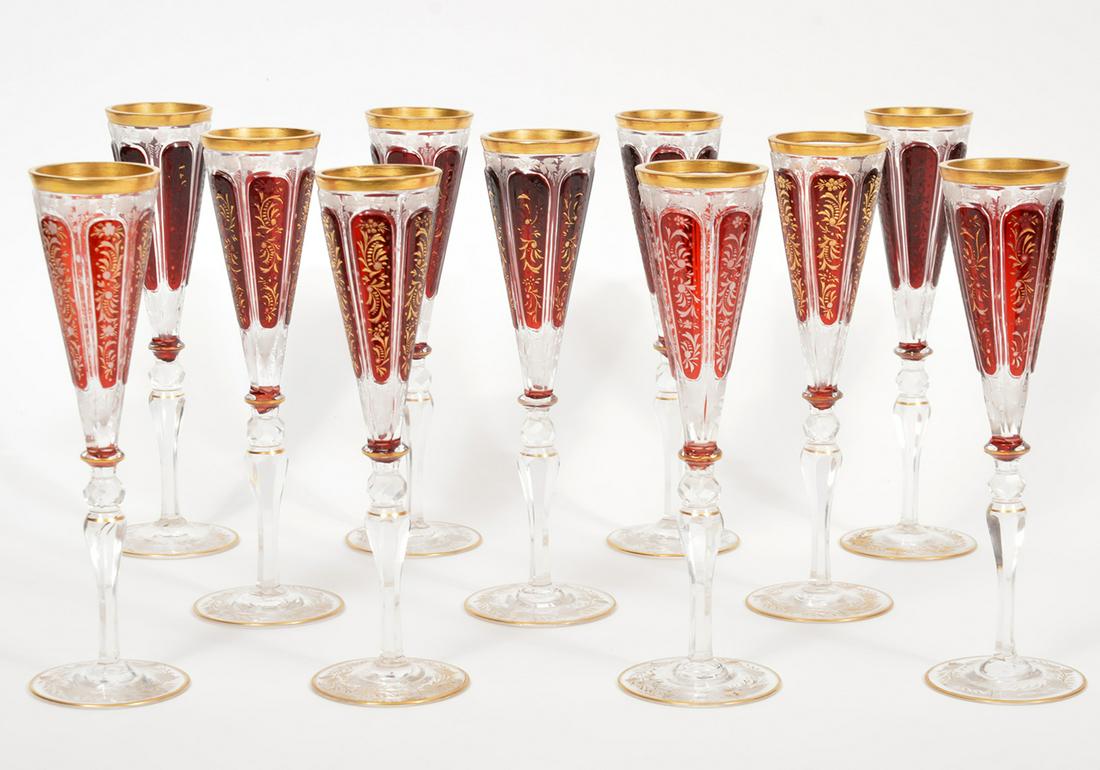 11pc Gilt Ruby Champagne Flutes Attr. Moser (1 of 6)