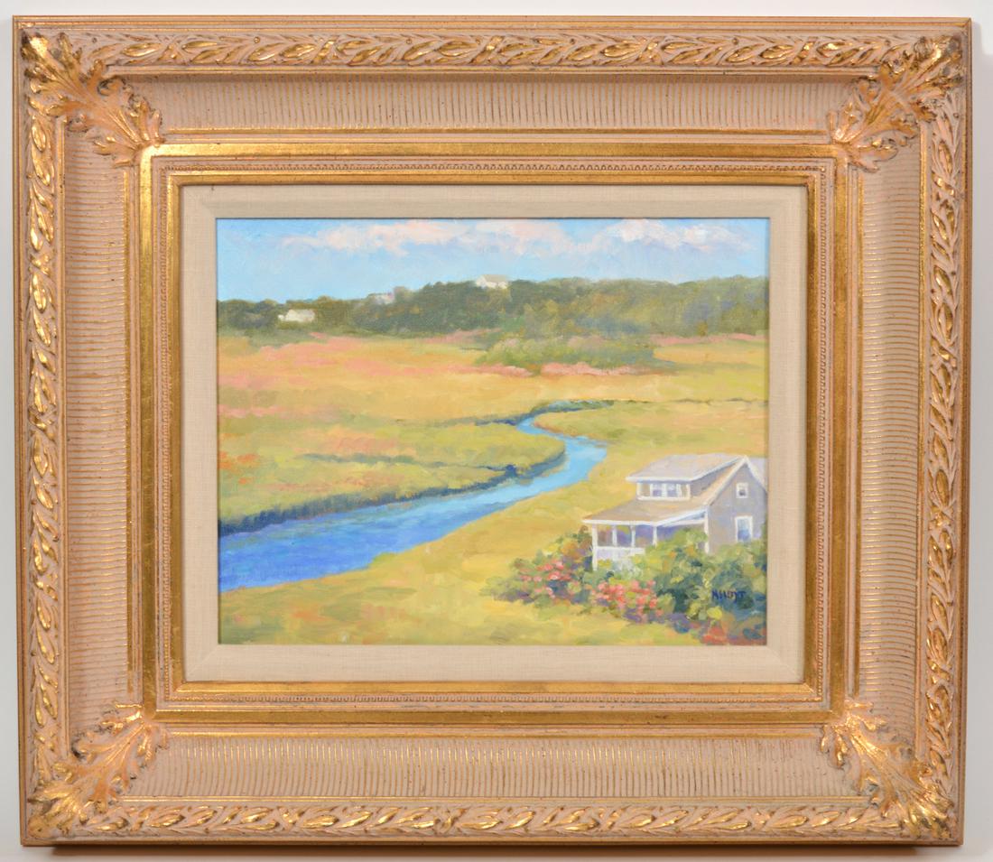 Signed Hoyt Oil on Canvas Painting: Signed 'Hoyt' oil painting on canvas. 'Marsh Land'. Gallery label on verso. In a nice gilt frame. 11" H x 14" W, framed 20" x 23". Condition report: some wear to gilt frame. Please examine all photos