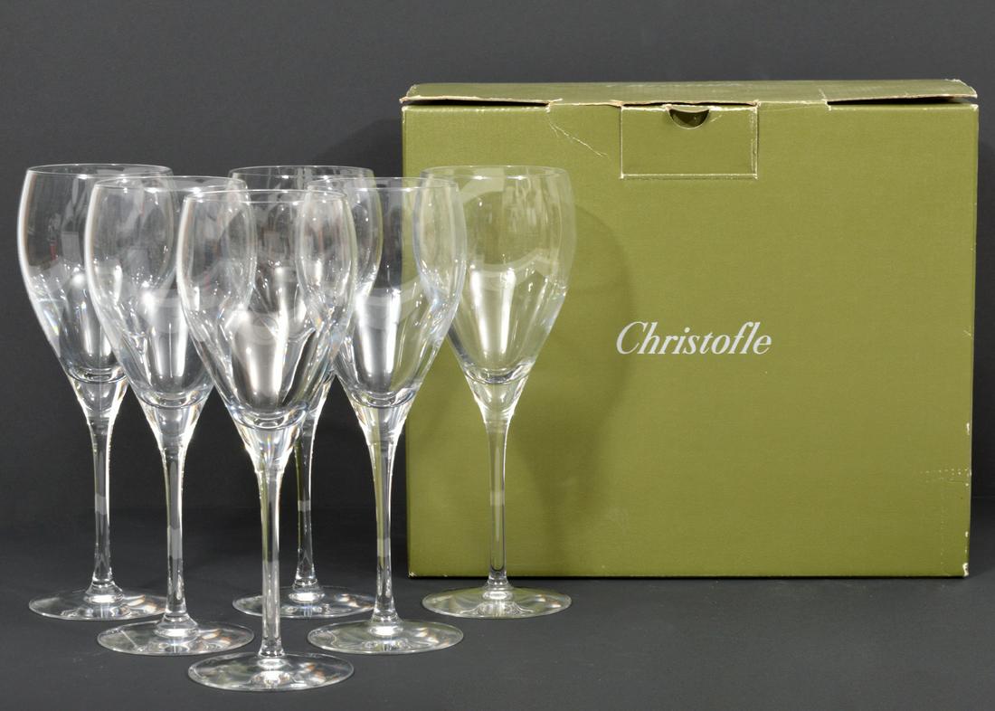 6 Christofle Albi Verre #3 White Wine Glasses BOX: 6 Christofle Albi Verre #3 white wine, blown glass, glasses, w/BOX. 6.75"H x 2 3/8" W. Condition report: Good, no issues, see photos. Please examine all photos closely. Contact C. Biddle Auction Galle