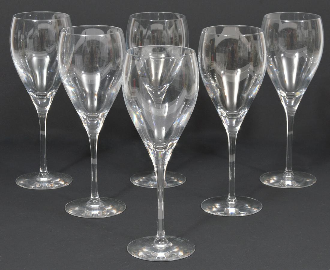 6 Christofle Albi Verre #3 White Wine Glasses: 6 Christofle Albi Verre #3 white wine glasses, blown glass. Measures 6.75"H x 2.38" W. Condition report: Good, no issues, see photos. Please examine all photos closely. Contact C. Biddle Auction Galle