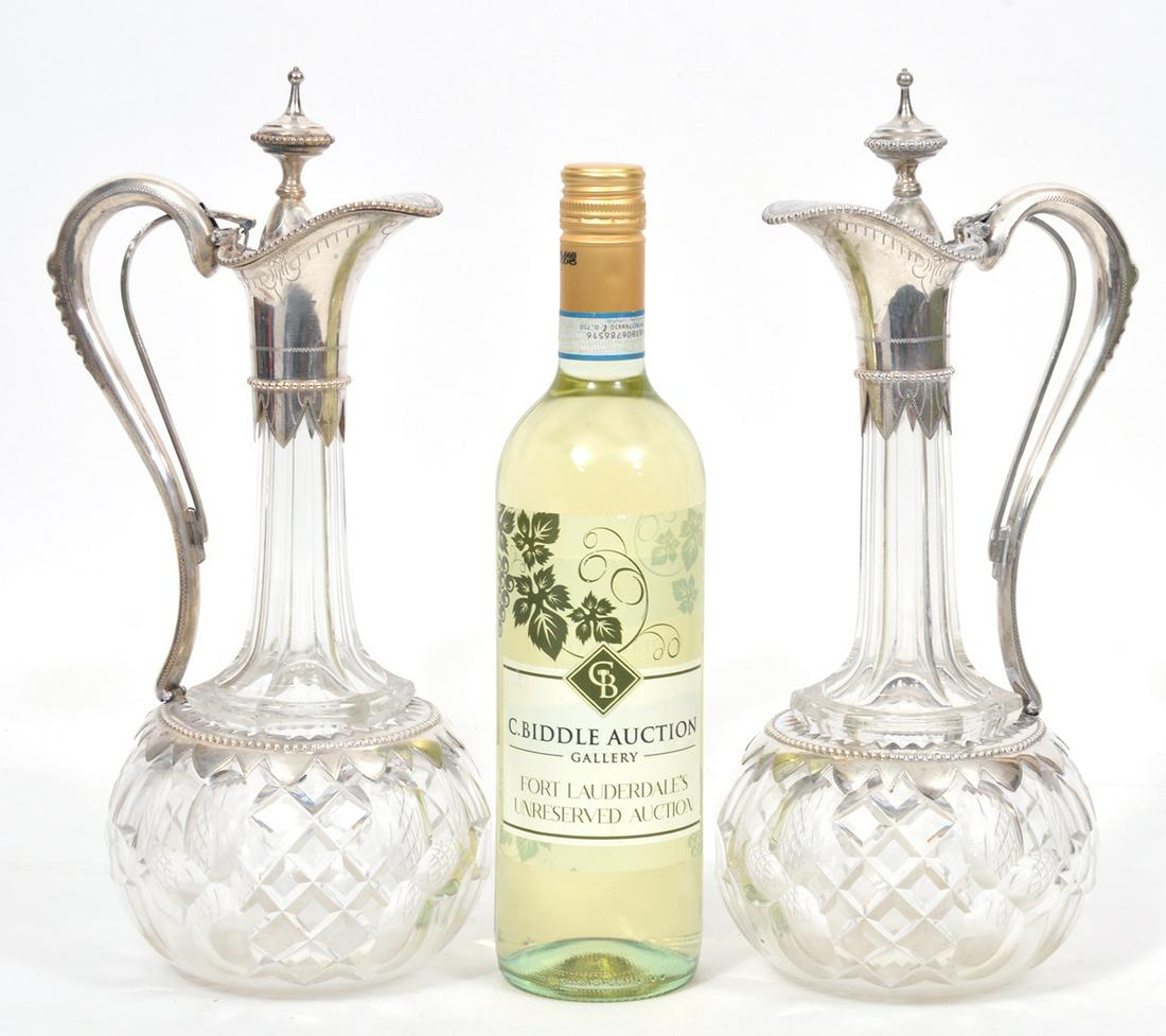 Pair of Silver-Plate Etched Glass Ewers (1 of 9)