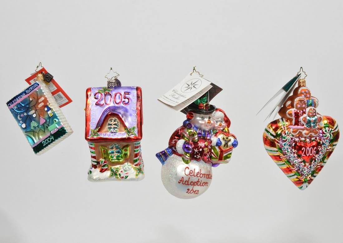 4 Christopher Radko Celebrate Adoption Ornaments: 4 Christopher Radko Dave Thomas Foundation for Adoption ornaments. 2004 Postcard Celebrate Adoption #3010673, 3" H. 2005 Gingerbread House Celebrate Adoption # 3011205, 4"H. 2006 Heart w/ gingerbread 