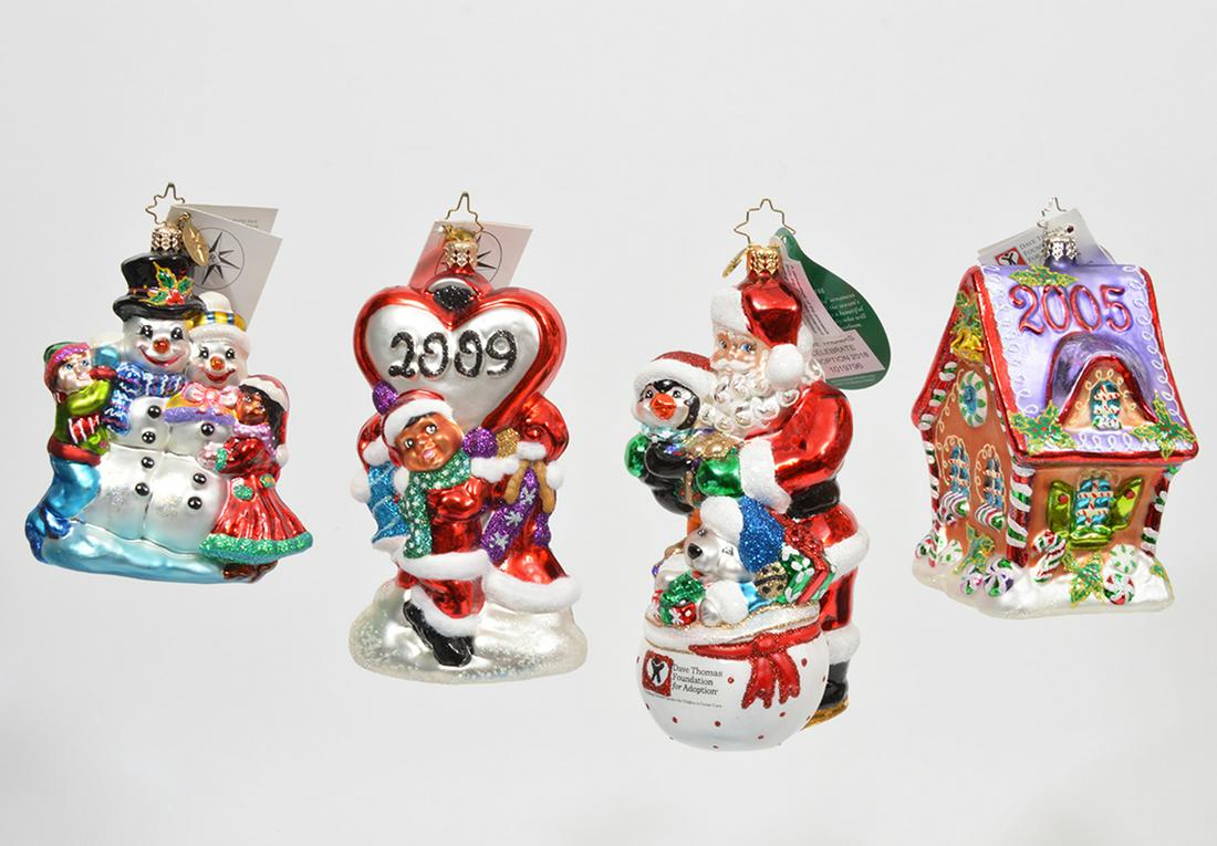 4 Christopher Radko Celebrate Adoption Ornaments: 4 Christopher Radko Dave Thomas Foundation for Adoption Christmas ornaments. 2002 Snowman & woman w/ children Celebrate Adoption, 4.5" H. 2005 Gingerbread House Celebrate Adoption # 3011205, 4"H. 2009