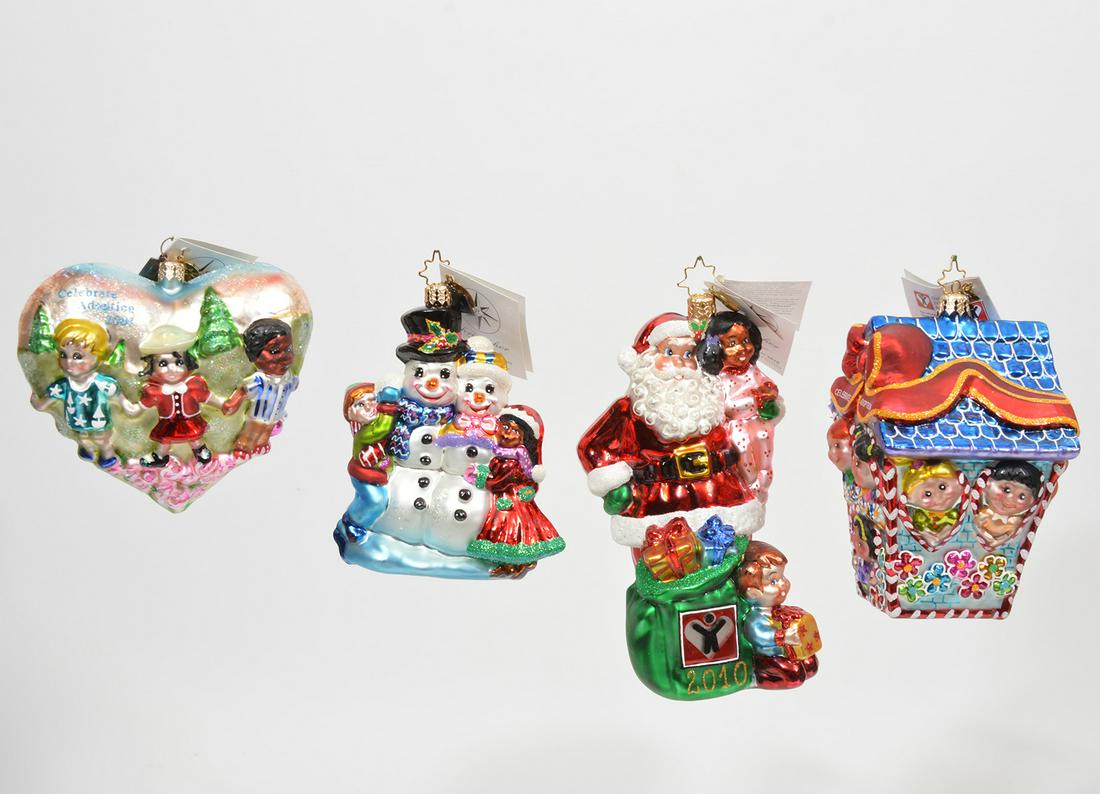 4 Christopher Radko Celebrate Adoption Ornaments: 4 Christopher Radko Dave Thomas Foundation for Adoption ornaments. 2001 Heart w/ children Celebrate Adoption #01-DTF-01, 4.5", With Box. 2002 Snowman w/ children Celebrate Adoption, #02-DTF-01, 4.5"H.