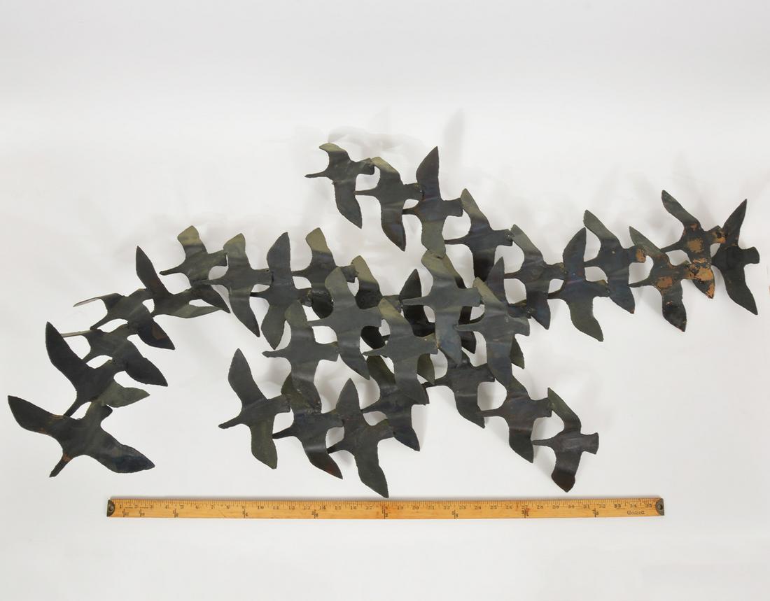 Manner of Curtis Jere Birds in Flight Sculpture: Flock of birds iron sculpture in brutalist style manner of Curtis Jere. 47"L x 28"W 11"H. Condition report: Good, no issues , Please examine all photos closely. Contact C. Biddle Auction Gallery for m