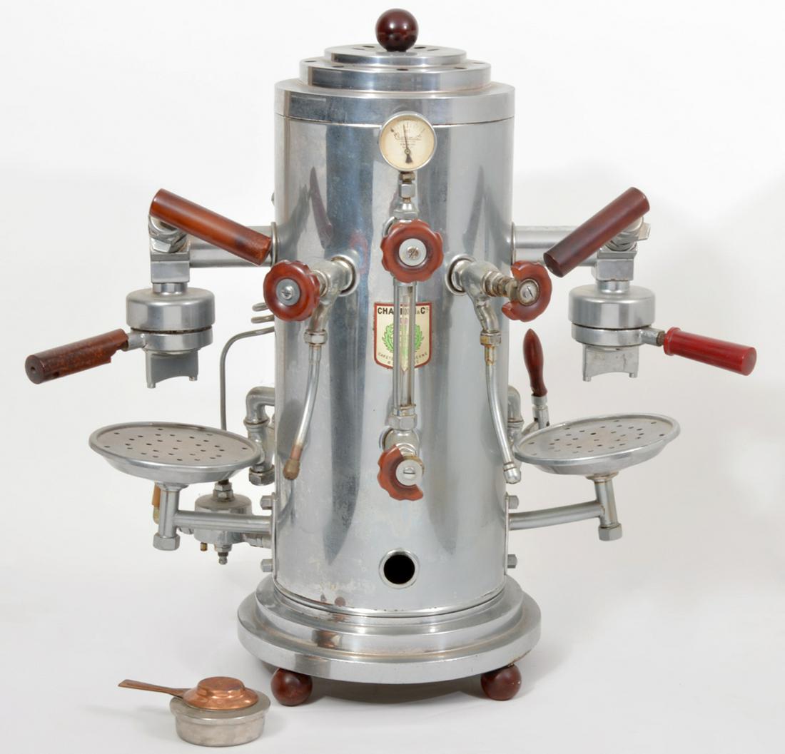 Rare Chardon & Cie Paris Espresso Machine: Chardon & Cie of Paris numbered espresso machine. Measures 26.5"H x 23"W x 17"D. Condition report: As is - Broken knobs and parts, see photos. Please examine all photos closely. Contact C. Biddle Auct