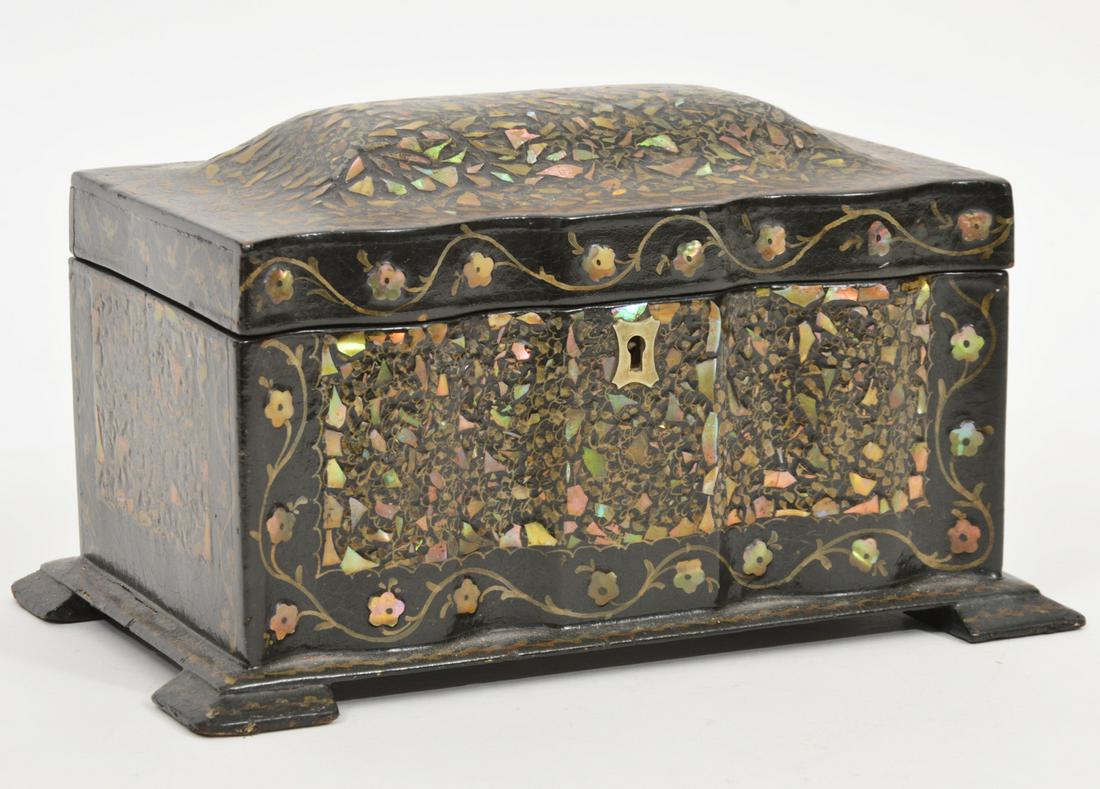English Paper Mache Mother of Pearl Tea Caddy (1 of 8)