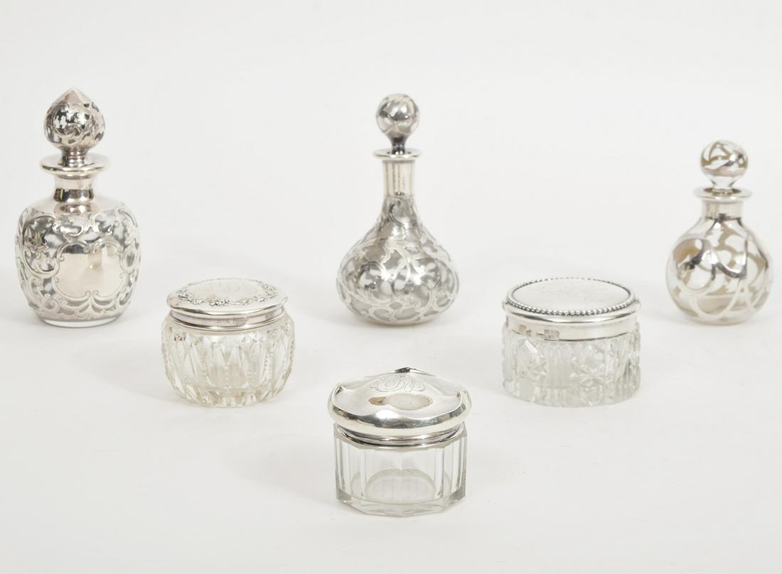 Lot of 6 Silver Over Glass Dresser Jars & Bottles (1 of 8)