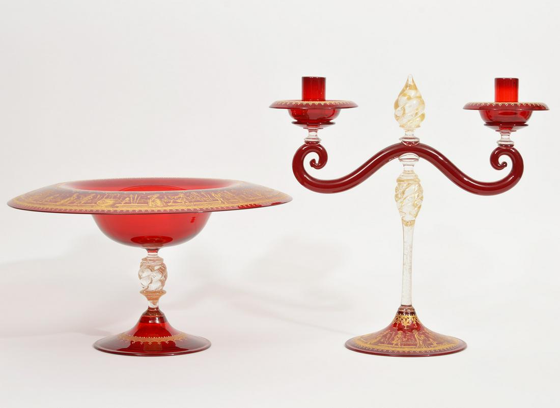 Moser-Style Gilt Red Glass Compote & Candelabra (1 of 12)