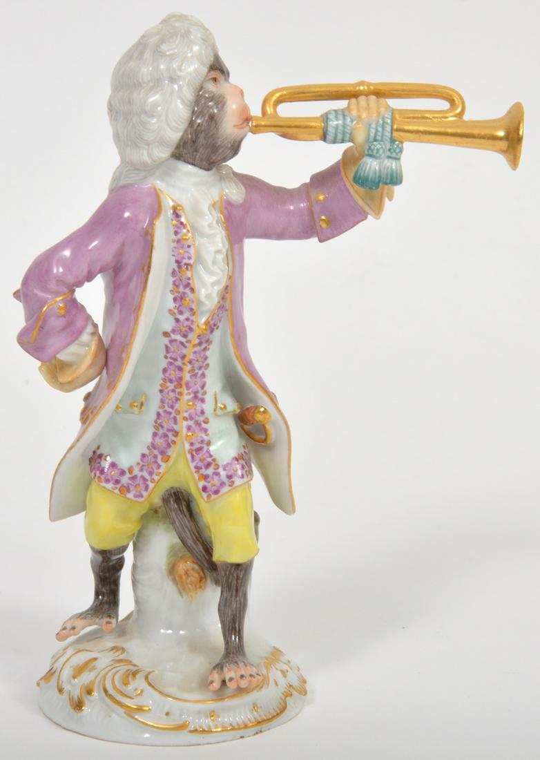 Meissen Porcelain Monkey Band Trumpeter: Meissen porcelain Monkey Band Trumpeter, marked on bottom. Measures 5.25"H x 3.75"W. Condition report: good condition, no issues, see photos. Please examine all photos closely. Contact C. Biddle Aucti