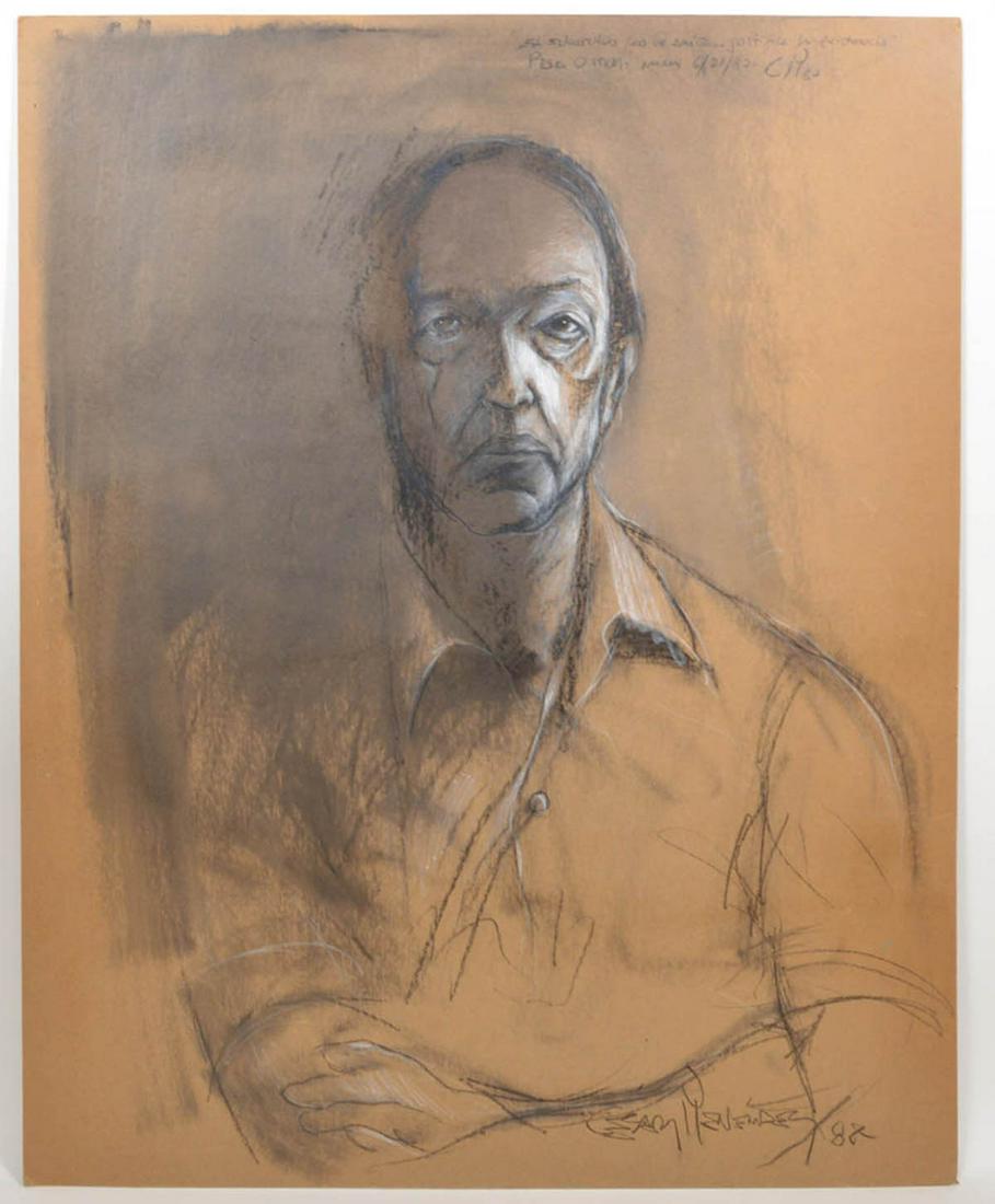 Cesar Menendez Portrait in Pastel on Board: Cesar Menendez, Salvador (Born 1954). Pastel on board, signed lower corner. Personalized message on top. Measures 40"H x 31.75"W unframed. Condition report: Good condition, no issues, please examine a