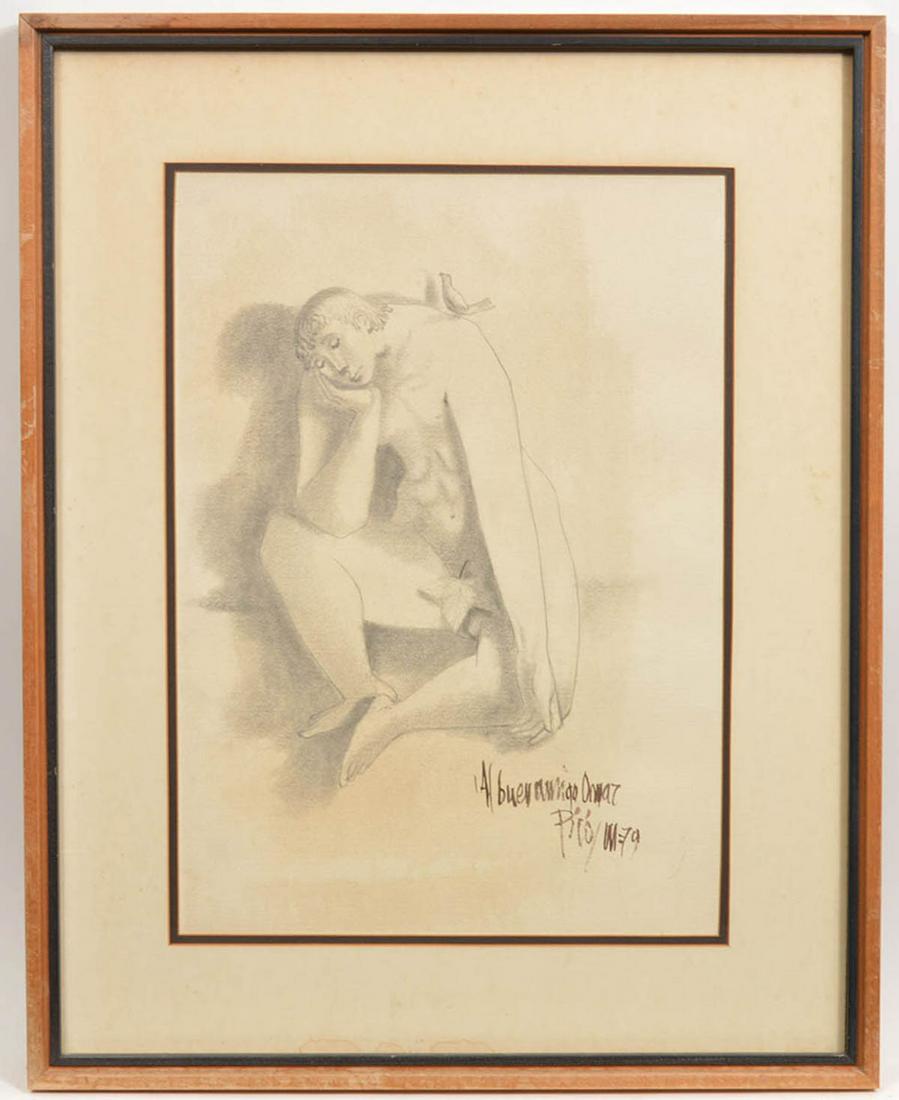 Mystery Cuban Artist Pencil Drawing: Pencil drawing on paper, signed by indiscernible artist, believed to be a Cuban artist. Framed 29.25" H x 23.25" W, paper 20.75"H x 14.75"W. Condition report: good condition with normal wear. Contact 