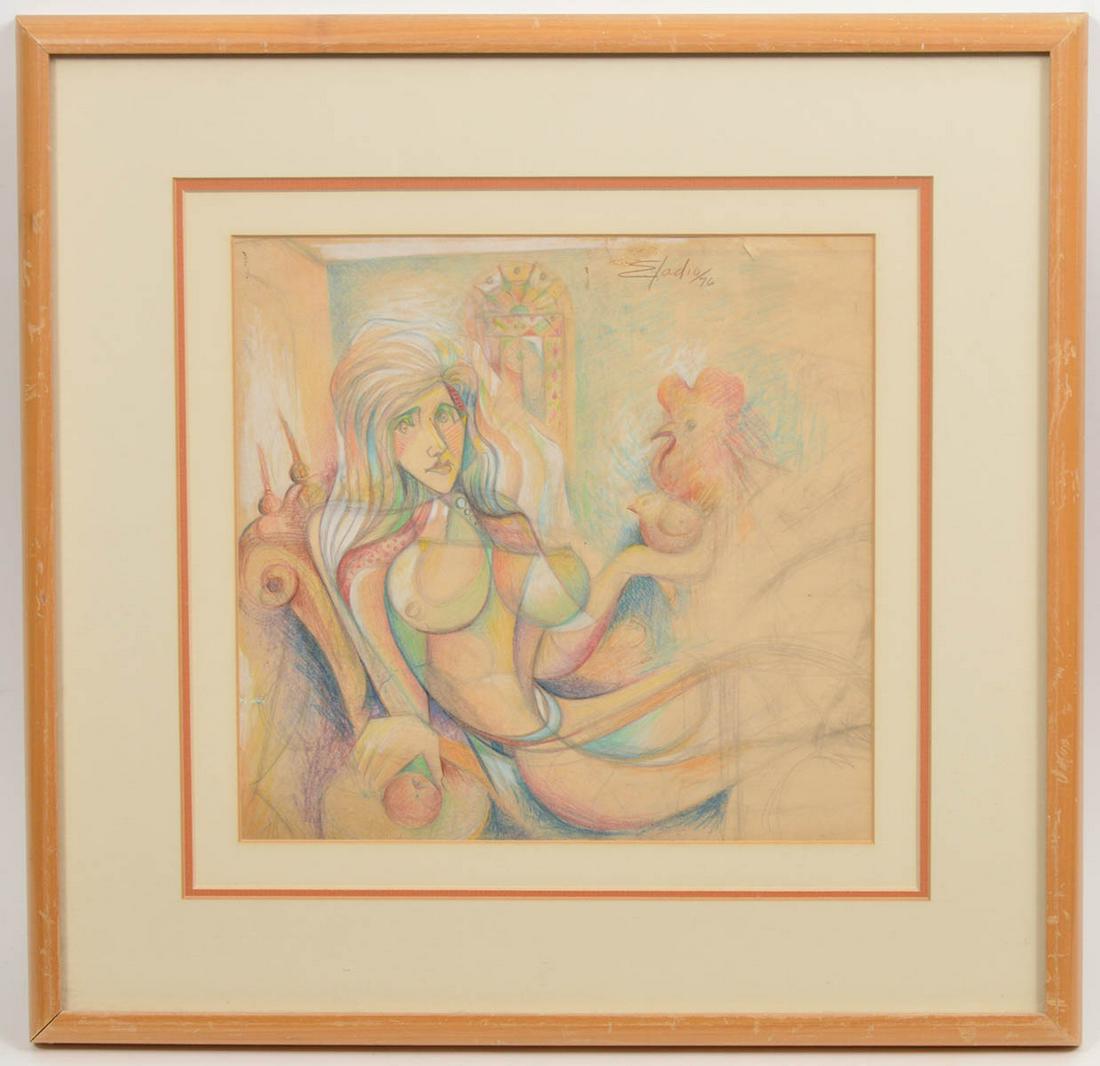 Eladio Gonzalez Cuban Untitled Pastel & Pencil: Eladio Gonzales, Cuba (b. 1937) Untitled 1978 pastel and pencil. Signed upper right. Measures 16.75"H x 17"W framed; 9.75"H x 10.25."W unframed. Condition report: Good condition, small tears in paper,