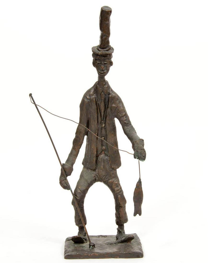 Modernist Bronze Clown By Wolf: Modernist bronze clown figure signed "Wolf". Measures 5.25" x 6" x 18.5". Condition report: Good, no issues, please examine all photos closely. Contact C. Biddle Auction Gallery for more detailed info