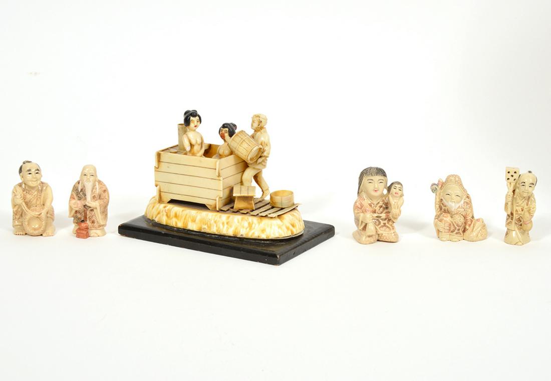 Lot 6 Japanese Netsuke Figures: Includes: 5 miniature hand-carved Japanese figures each approximately 2" tall, one larger figure mounted on wood base, measures 5.25" x 3.25" x 3.5". Condition report: Good, common wear for age and us