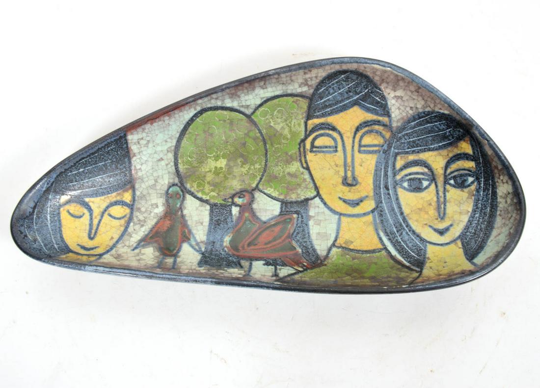 Michael Andersen & Sons Danish Pottery Dish: Danish mid-century pottery maker Michael Andersen & Sons asymmetrical geometric-shaped dish accented with people and trees. Condition report: Good condition, 15" L x 8" W x 2" D, please examine all ph