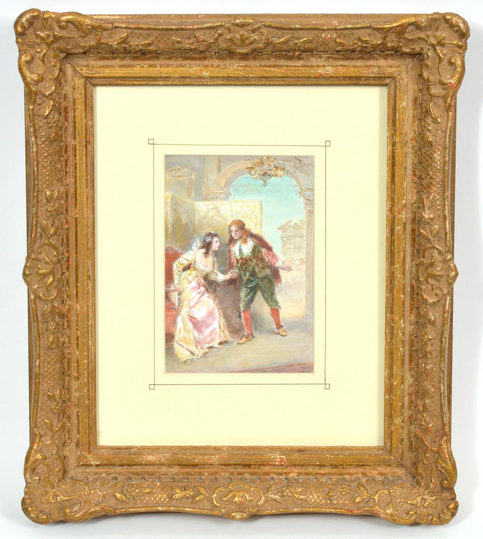 Jean Jacques Gerome Ferres 'A Page of Love' WC: Jean Jacques Gerome Ferres, American (1863-1930). Water color 'A Page of Love' in gilt carved wood frame. Measures 13"H x 11"W framed; 5.75"H x 3.75"W unframed. Condition report: good condition, see p