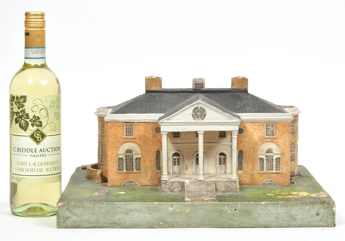 WPA Plaster Model of Woodlands Historic House: WPA plaster architectural model of late Georgian Woodland house, a historical house in Pennsylvania. Small WPA stamp in back. 13.5" W x 15"L x 8"H Condition report: Good condition, some paint loss, ch