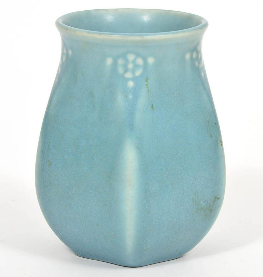 Rookwood Pottery Petite Blue Vase: Rookwood Pottery petite blue vase, 3.5" W x 4.5" H. Genuine mark on underside. Condition report: Good condition, no issues, please examine all photos closely. Contact C. Biddle Auction Gallery for mor