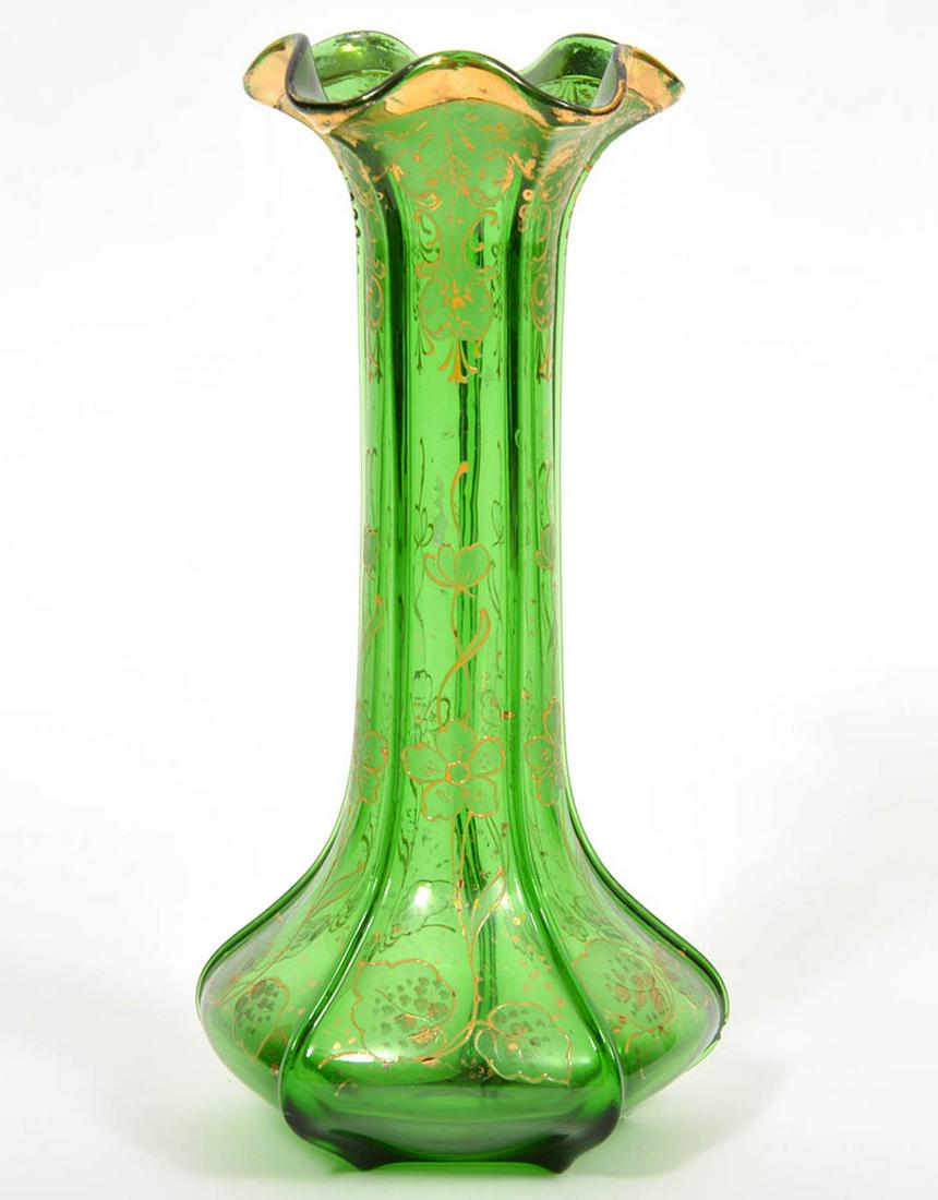 Bohemian Gold Overlay Green Glass Vase Attr. Moser (1 of 7)