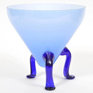 Erwin Eisch Blue Footed Art Glass Vase: Vase with light blue bowl and cobalt blue feet, signed "Eisch". 7.5" W x 7.5" H. Condition report: Good condition, no issues, please examine all photos closely. Contact C. Biddle Auction Gallery for m