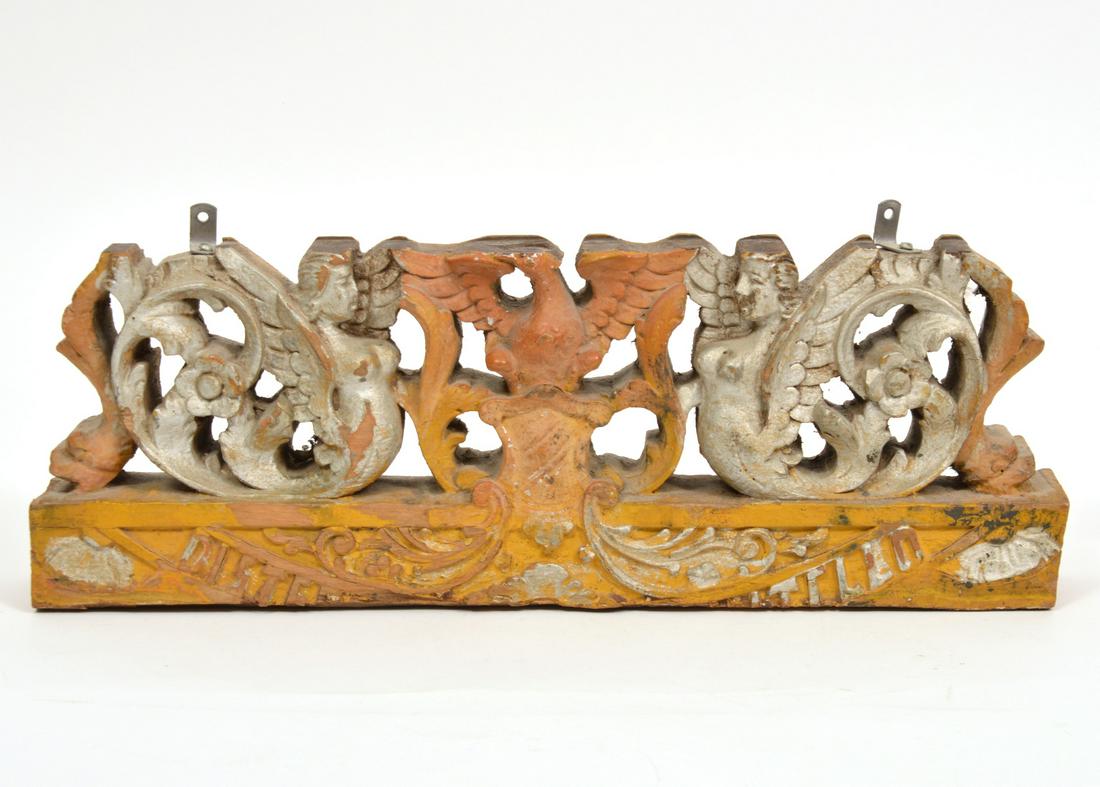 Carved Wood Architectural Decor Fragment: European wood architectural decorative fragment, converted to be wall mounted. Measures 14.25"L x 2"W x 5.5"H. Condition report: Good condition, flaws throughout, common wear for age, please examine a