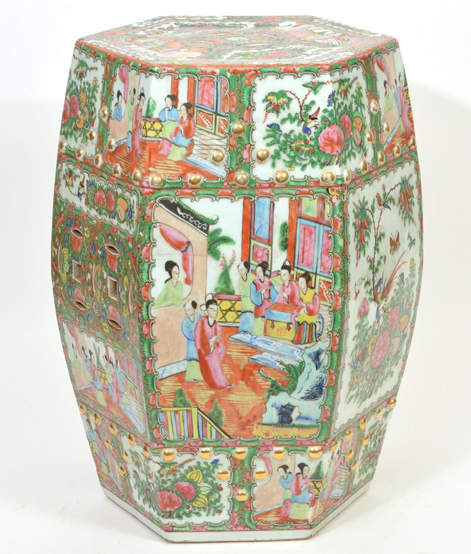 Chinese Porcelain Rose Medallion Garden Seat: 19/20th C. Chinese porcelain garden seat. Rose medallion pattern. 10.5" W x 18.5" H. Condition report: normal wear with age. Contact C. Biddle Auction Gallery for more detailed information. C. Biddle 