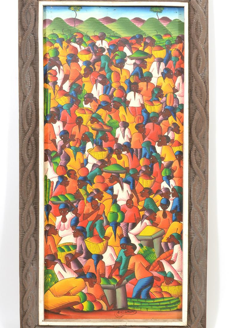 Haitian Signed Painting Oil on Canvas: Haitian painting signed lower right E. Dumont, oil on canvas of large group of people at market. Carved wood frame with decorative braid design. Measures 40.75"H x 20.75"W framed; 36"H x 16"W unframed