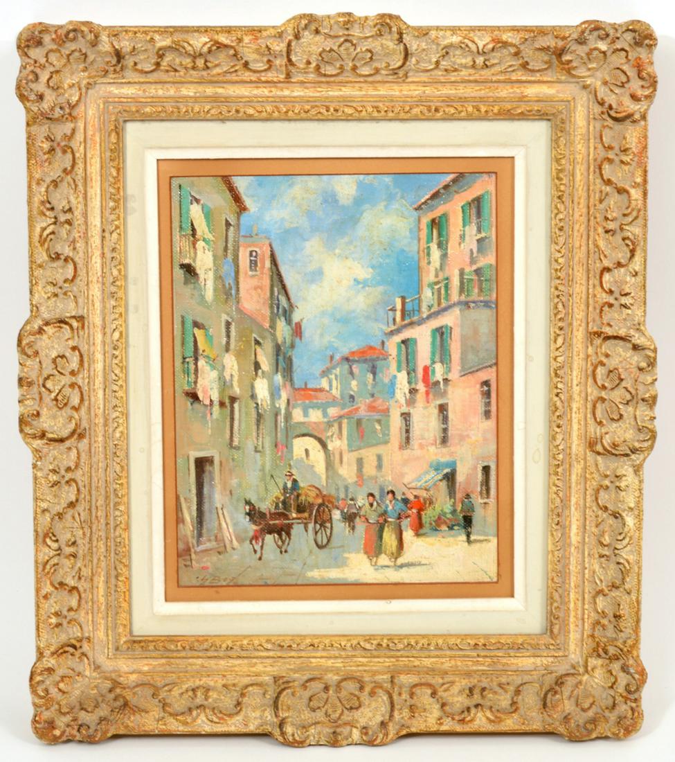 Continental Signed Street Scene Oil Painting: Street scene oil painting illegibly signed. Oil on board. Signed bottom left. 9" H x 7" W, framed 15" x 13". Condition report: good with minor wear to frame. Contact C. Biddle Auction Gallery for more