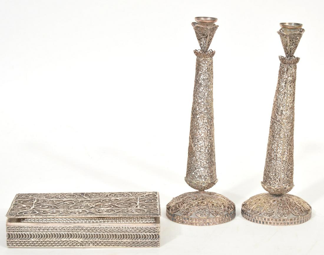 Silver Filigree Judaica Shabbat Candlesticks & Box (1 of 11)