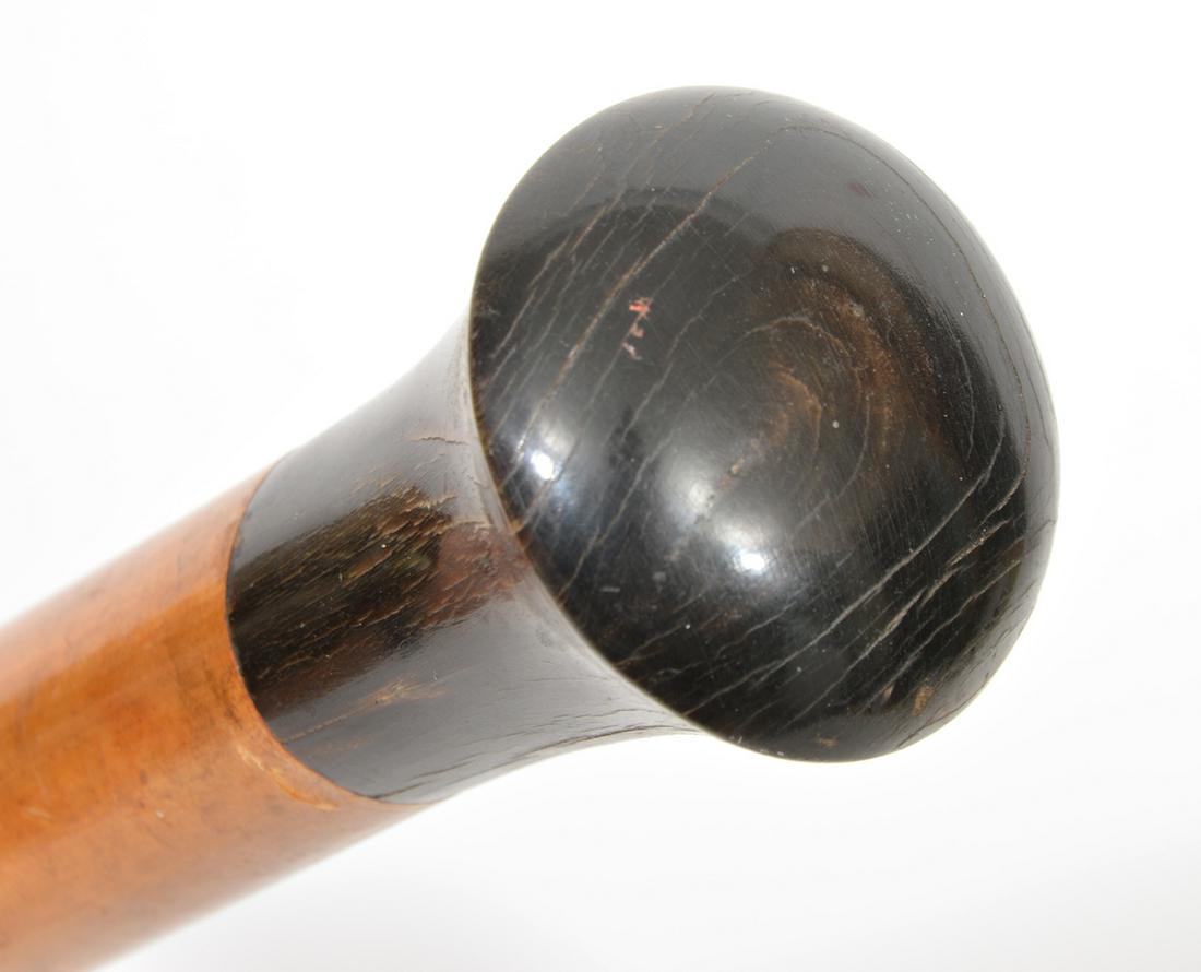 Burl and Ebony Wood Walking Stick Cane: Burl wood stem with ebony wood handle and tip, 37". Condition report: Good condition, common wear for age and use, please examine all photos closely. Contact C. Biddle Auction Gallery for more detaile