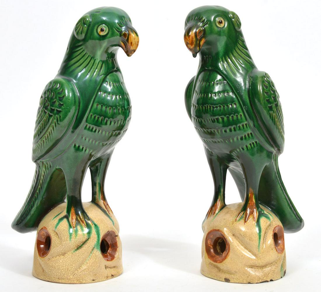 Pair of Chinese Glazed Green Pottery Parrots (1 of 9)
