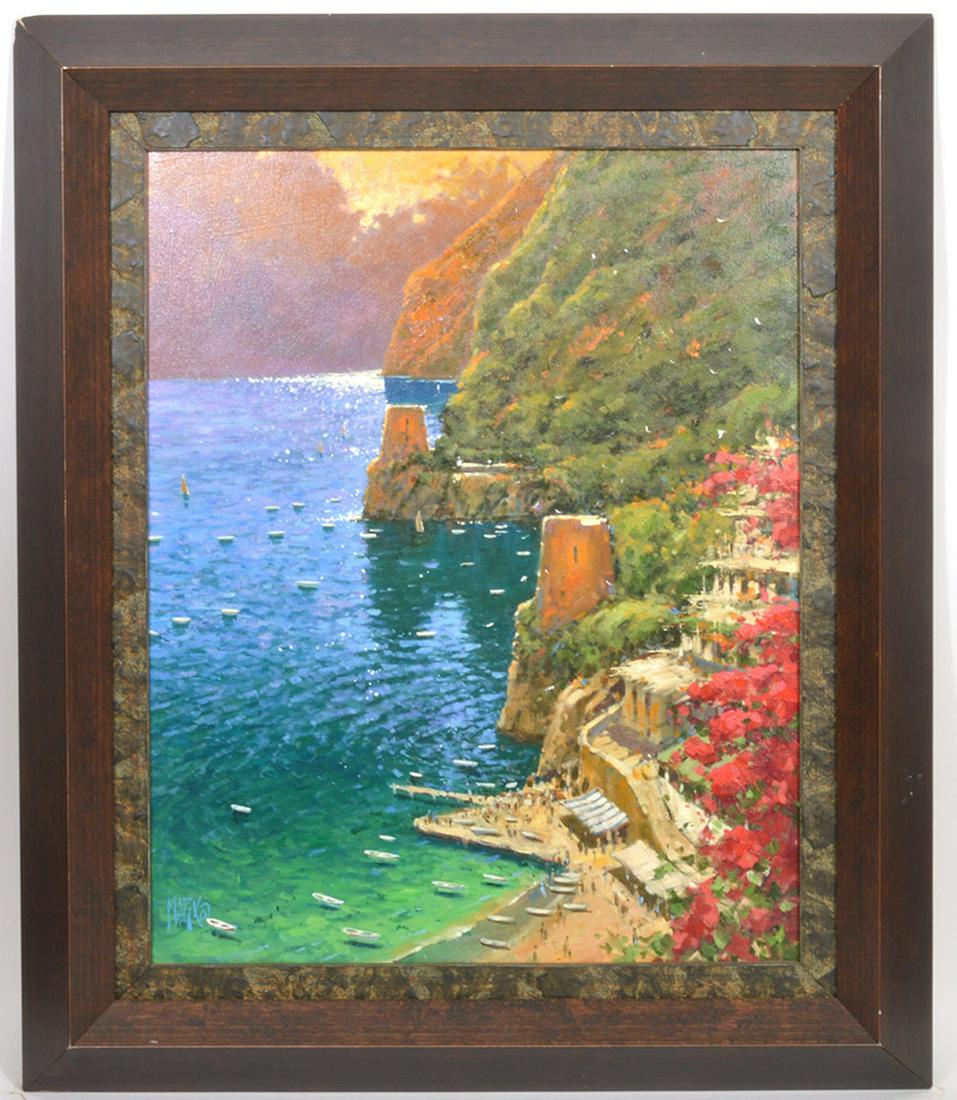 Marko Marakovich 'Amalfi Cost Drive' O/C: Marko Marakovich 'Amalfi Coast Drive' oil on canvas. Signed on lower left. Measures 39.25"H x 33.25"W framed; 29.5"H x 23.5"W unframed. Inscribed to Silverman family on verso. Condition report: Good c