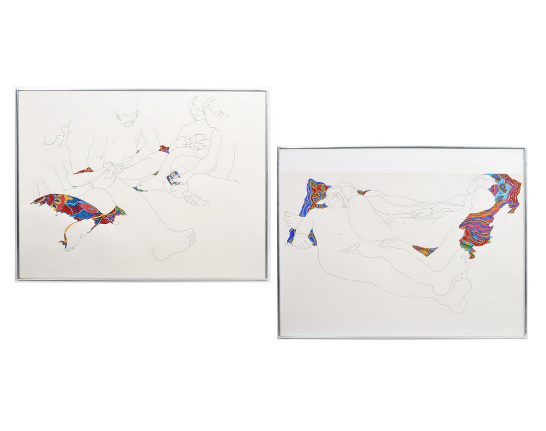 Weyman Lew Pr. Framed Nudes Pen & Ink on Paper: Pair of pen and color ink on paper, nude figures by Weyman Lew (American, 1935-) framed, signed. Blind stamp from 'Strathmore' in lower left. Each measures 28.75"H x 36.75"W. Condition report: Good co
