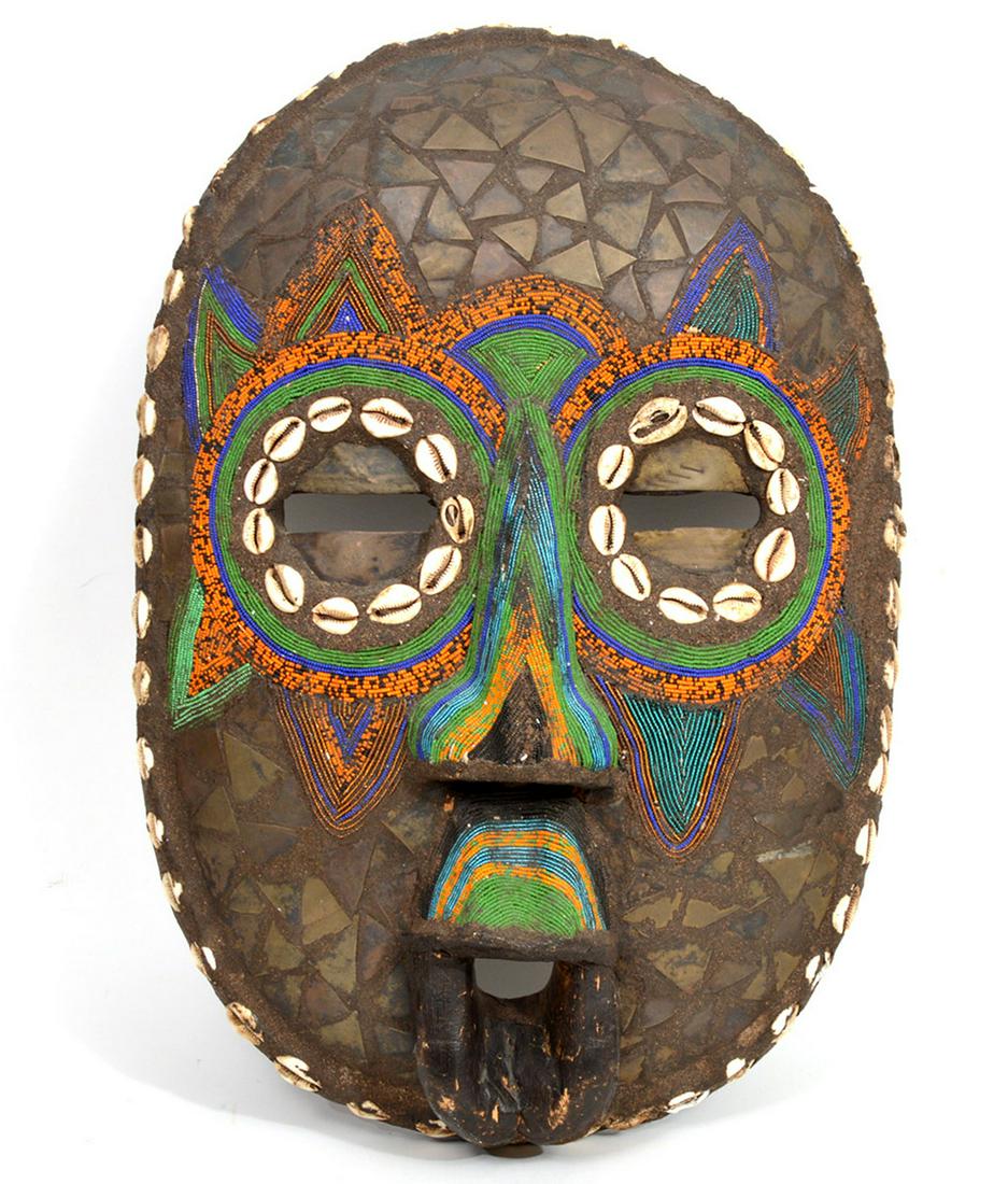 African Ghana Wood Cowrie Shell & Beads Mask (1 of 8)
