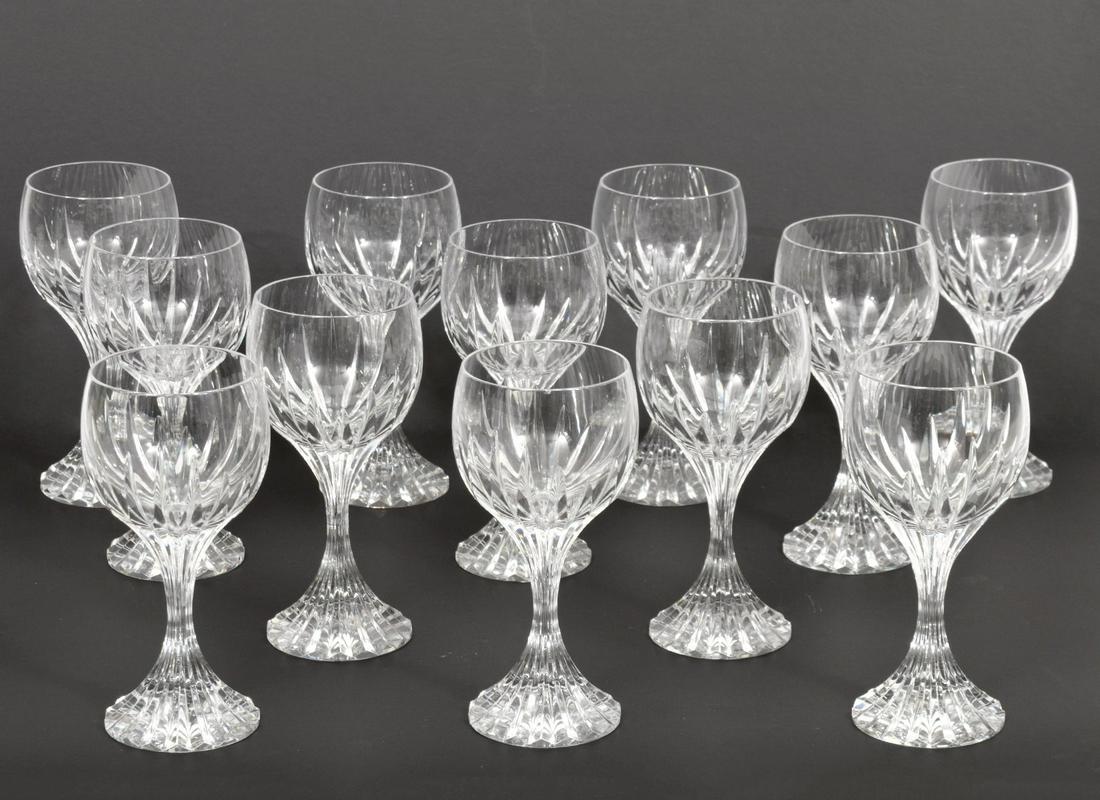 12 Baccarat Crystal Messena Wine Glasses: Set of 12 Baccarat Crystal 'Messina' Wine Glasses. Acid etched marked. 3" W x 7" H. Condition report: Good condition, 3 glasses have flea bites on the top rim, please examine all photos closely. Conta