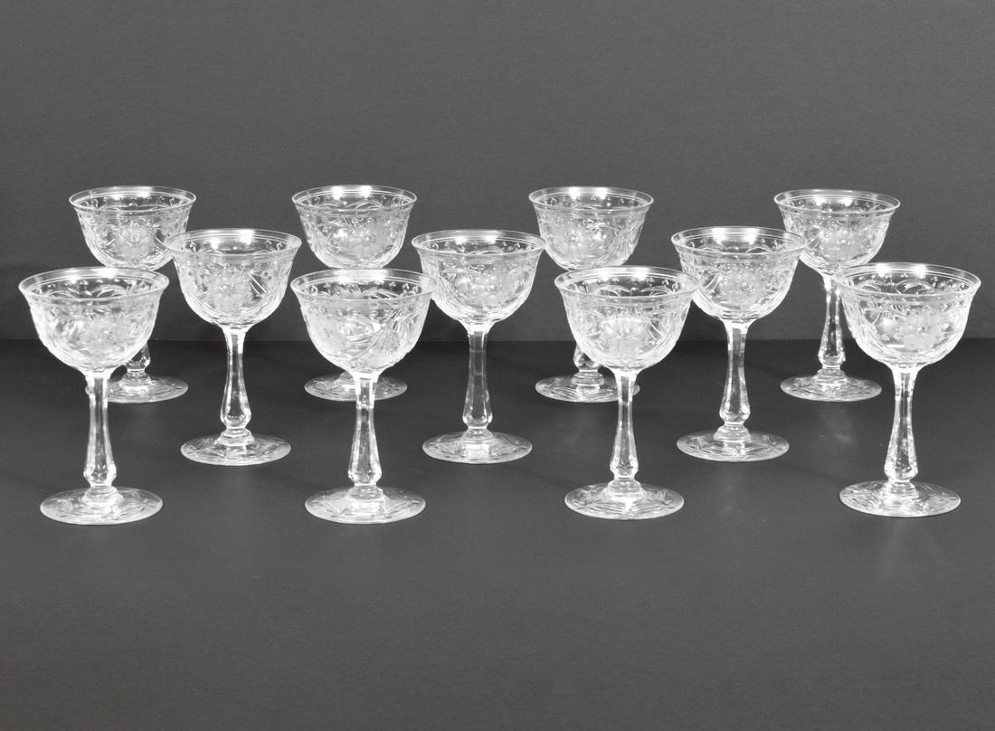 11 Brilliant Cut Pairpoint Cordial Coupe Glasses: 11 brilliant cut Pairpoint Cordial Coupe glasses. Unmarked. 3" W x 4.5" H Condition report: two bases with chips, please examine all photos closely. Contact C. Biddle Auction Gallery for more detailed