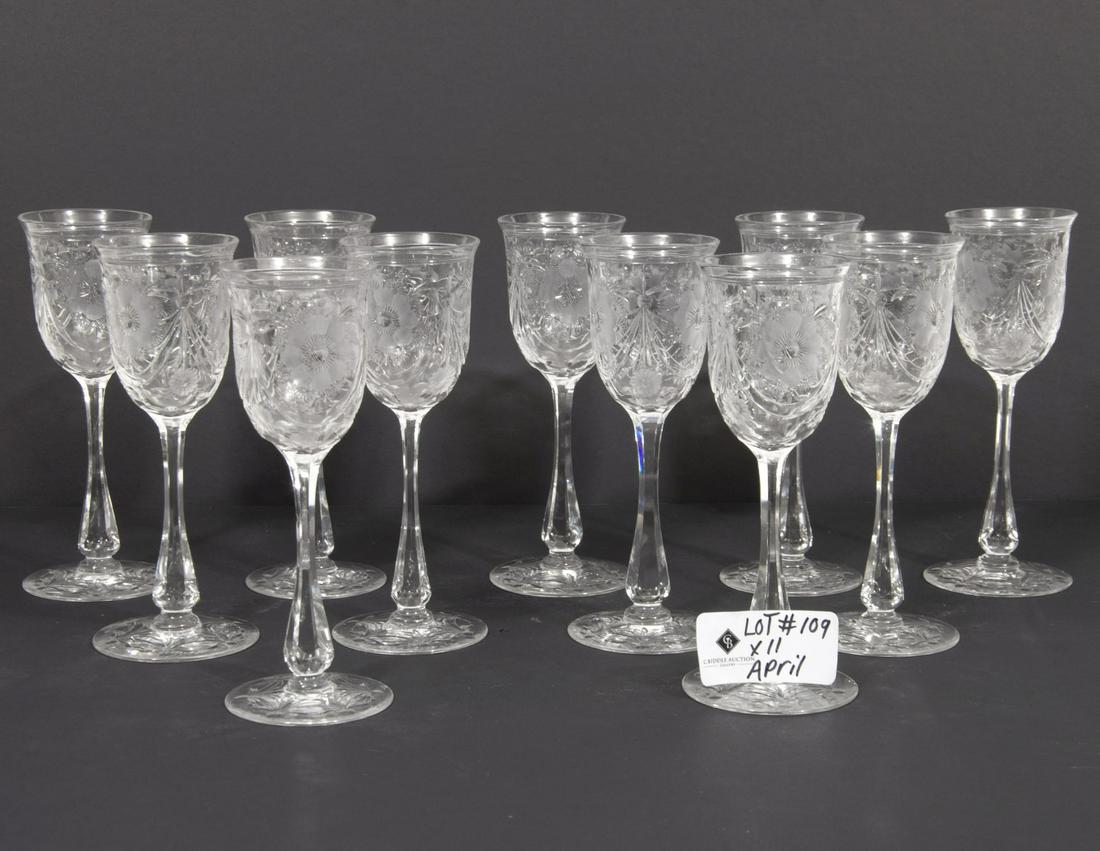 11 Brilliant Cut Pairpoint Sherry Glasses: 11 brilliant cut Pairpoint Sherry glasses. 2.25" W x 6.25" H. Condition report: Good condition, no issues, please examine all photos closely. Contact C. Biddle Auction Gallery for more detailed inform