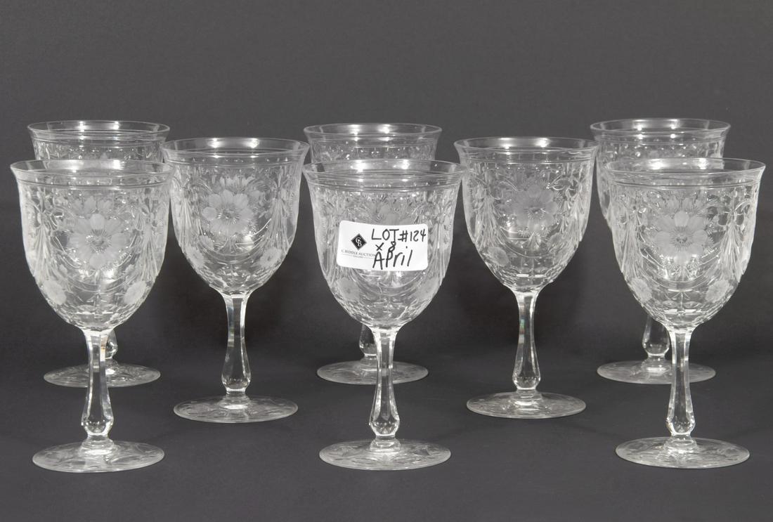 8 Brilliant Cut Pairpoint Wine Goblets: 8 brilliant cut Pairpoint wine goblets. Unmarked.6.25"H x 3.5"W. Condition report: One glass has a small chip on the base, please examine all photos closely. Contact C. Biddle Auction Gallery for more