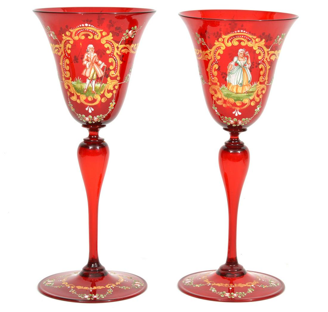 2 Bohemian Ruby Red Hand Painted Wine Goblets: 2 Bohemian ruby red hand painted wine goblets. 9.25"H x 4"D. Condition report: Good condition, no issues, please examine all photos closely. Contact C. Biddle Auction Gallery for more detailed informa