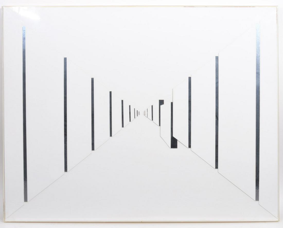 Ivan Weinger Repeat Collage AP 1974: 1974 Ivan Weinger Repeat Collage artist proof framed behind plexiglass. 32"H x 40"W. Provenance The Barney Weinger Gallery. Condition report: Good condition, crack in plexiglass bottom left corner, pl