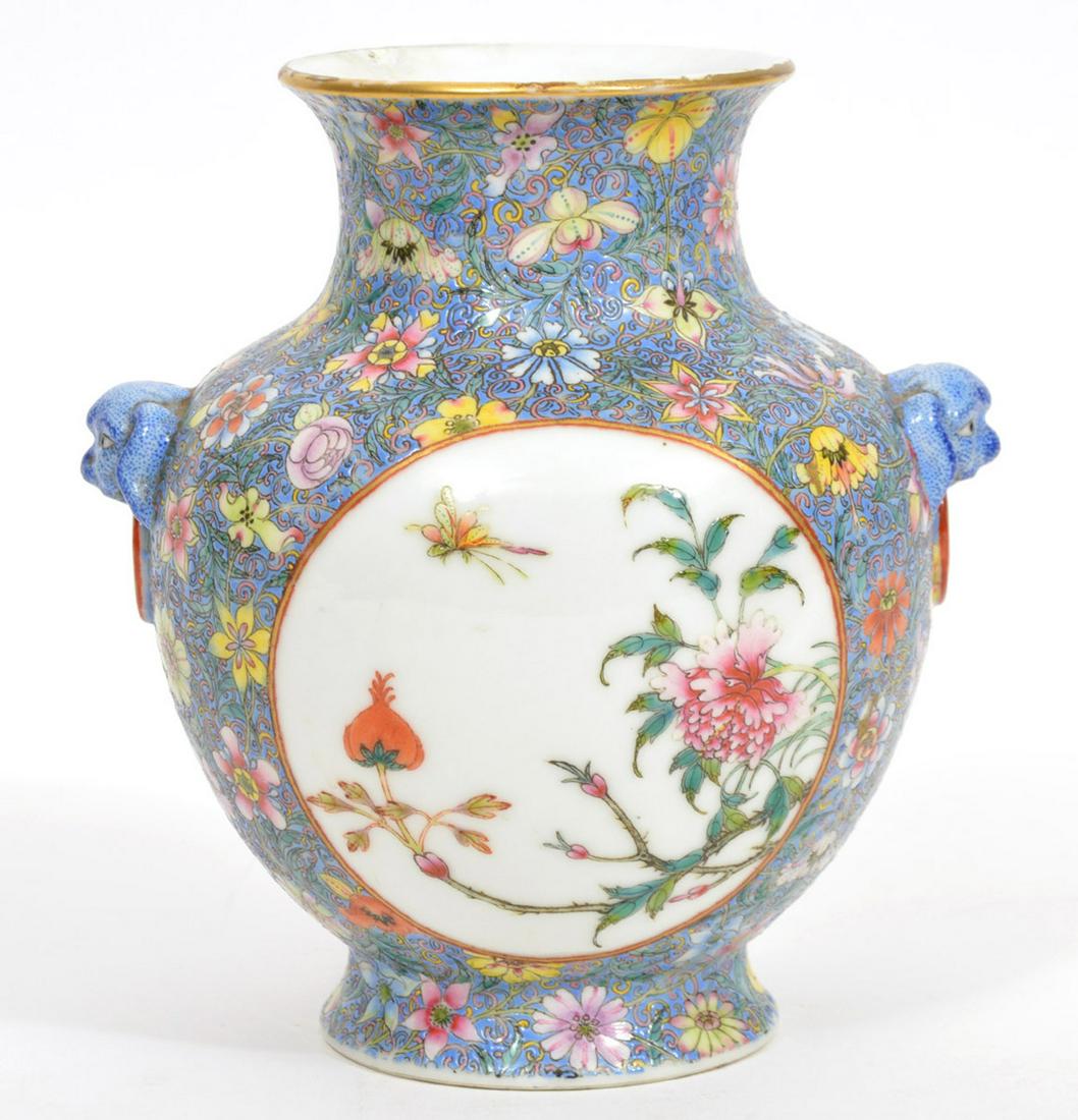Chinese Floral Porcelain Vase Foo Dog Handles (1 of 9)