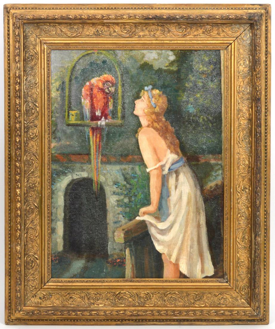 French Oil Painting of Woman W Parrot Early 20th: French deco oil painting on canvas of woman with parrot, unsigned. Early 20th Ct. 20" H x 15.5" W, framed 27" x 22". Condition report: painting has some craquelure, frame with wear, please see all pho