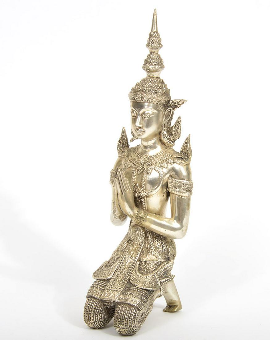 Thai Metal Buddha Meditation Figure: 20th Century metal Thai kneeling meditation buddha, measures 4.5"L x 3"W x 13"H. Condition report: Good condition, common wear and pitting to metal, may need cleaning, please examine all photos closel